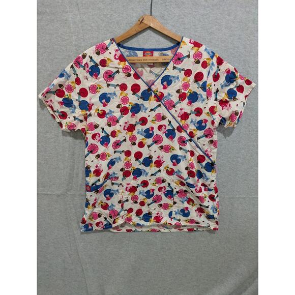 Dickies Scrub Top Women's Medium White Cute Animal All Over Print V-Neck - Picture 1 of 5